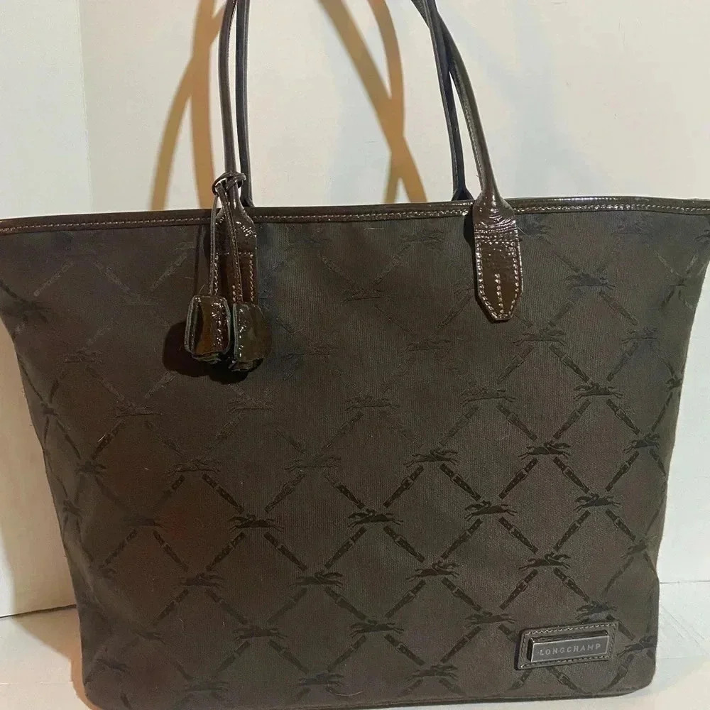 Longchamp brown jacquard canvas tote handbag